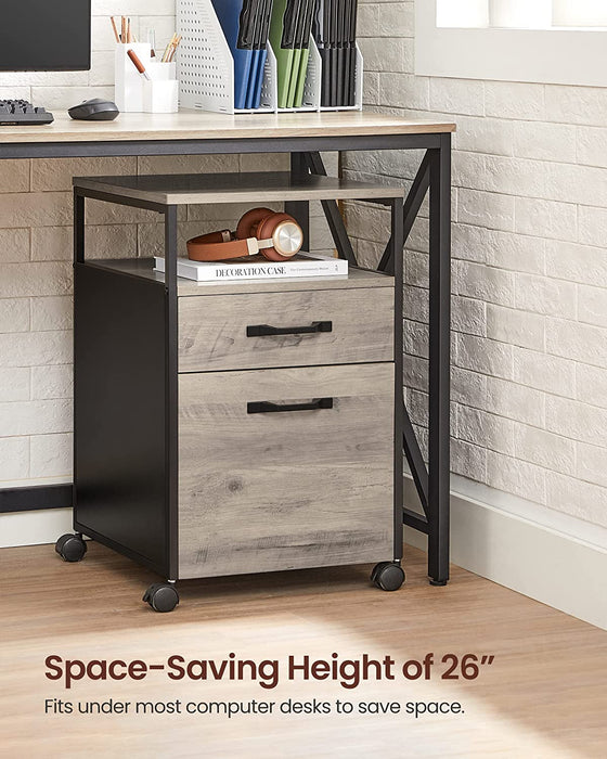 Rollcontainer, Aktenschrank mit 2 Schubladen, mobiler Büroschrank mit Rädern, offenes Fach, Hängeregistratur, Stahlgestell, Industrie-Design