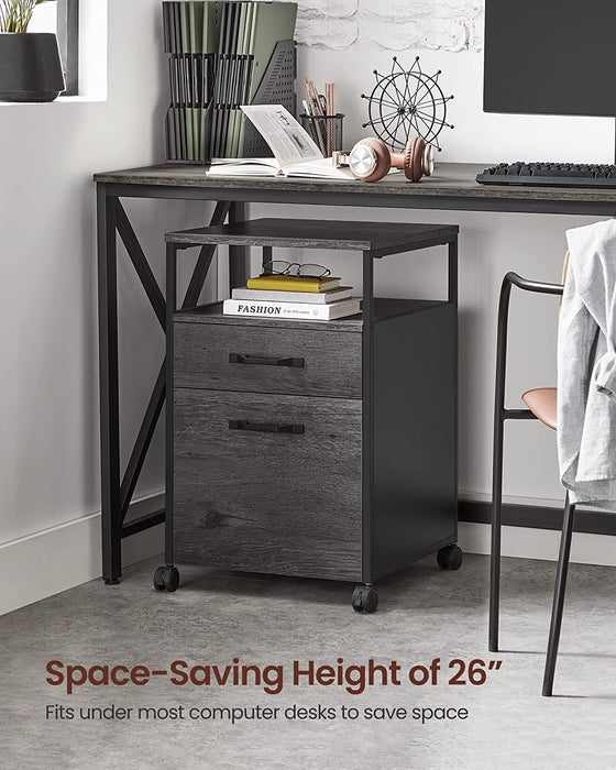 Rollcontainer, Aktenschrank mit 2 Schubladen, mobiler Büroschrank mit Rädern, offenes Fach, Hängeregistratur, Stahlgestell, Industrie-Design