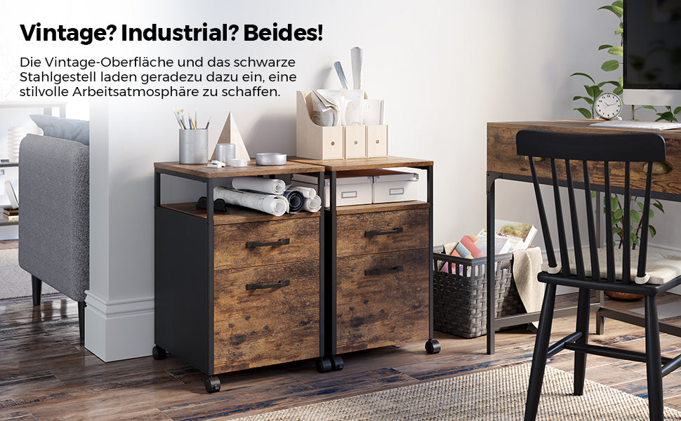 Rollcontainer, Aktenschrank mit 2 Schubladen, mobiler Büroschrank mit Rädern, offenes Fach, Hängeregistratur, Stahlgestell, Industrie-Design