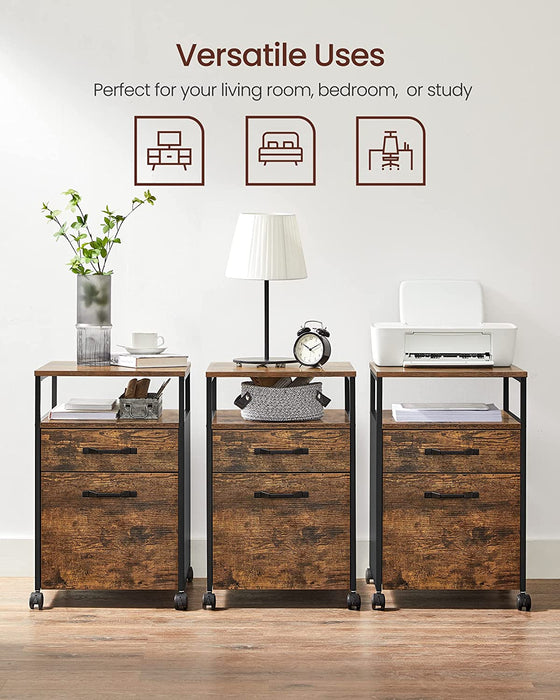 Rollcontainer, Aktenschrank mit 2 Schubladen, mobiler Büroschrank mit Rädern, offenes Fach, Hängeregistratur, Stahlgestell, Industrie-Design