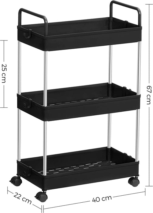 Rollwagen, Küchenwagen mit 3 Ebenen, Griffen, Küchenregal auf Rollen, 40 x 22 x 67 cm, schwarz