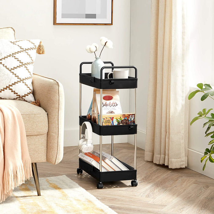 Rollwagen, Küchenwagen mit 3 Ebenen, Griffen, Küchenregal auf Rollen, 40 x 22 x 67 cm, schwarz