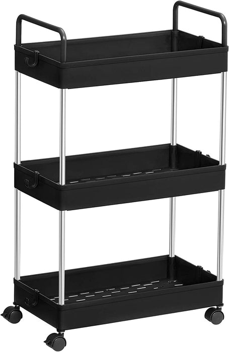 Rollwagen, Küchenwagen mit 3 Ebenen, Griffen, Küchenregal auf Rollen, 40 x 22 x 67 cm, schwarz
