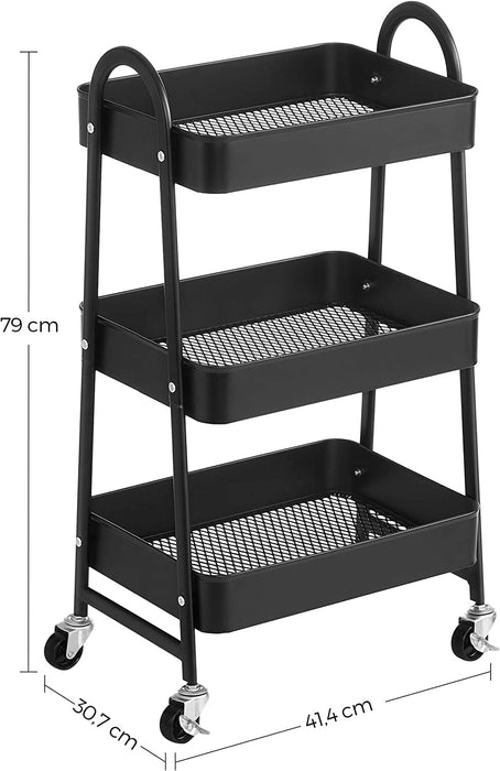 Rollwagen mit 3 Ebenen, Servierwagen aus Metall, Küchenwagen, Küchenregal mit Griffen, 2 Bremsen, einfacher Aufbau, für Malutensilien, Schlafzimmer