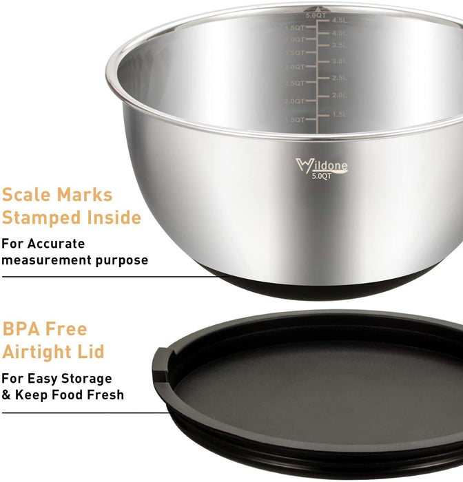 Rührschüsseln 5er-Set, Wildone Edelstahl mit luftdichten Deckeln, 3 Reibenaufsätzen, Messmarken und rutschfesten Böden, Größe 5, 3, 2, 1,5, 0,63 QT