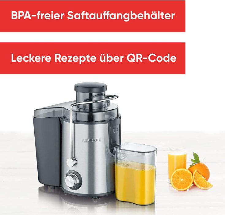 SEVERIN Entsafter, geräuscharme Saftmaschine für vitaminreiche Obst- und Gemüsesäfte, elektrische Saftpresse aus Edelstahl, 500 ml Auffangbehälter