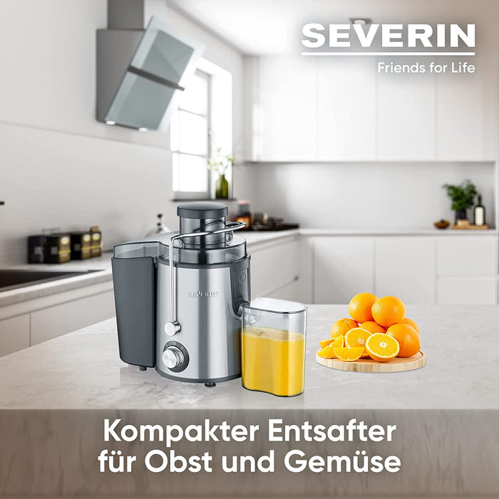 SEVERIN Entsafter, geräuscharme Saftmaschine für vitaminreiche Obst- und Gemüsesäfte, elektrische Saftpresse aus Edelstahl, 500 ml Auffangbehälter
