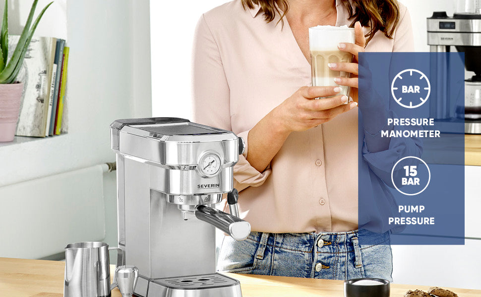 SEVERIN Espressomaschine "Espresa Plus", Siebträgermaschine mit 3 Einsätzen, Kaffeemaschine mit Milchschäumer und Manometer, inkl. Barista-Starterset