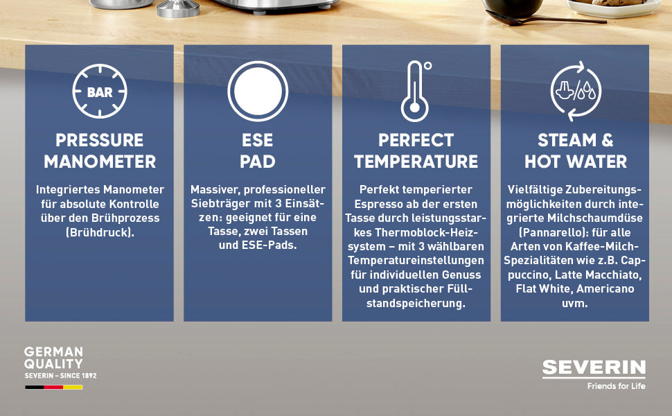 SEVERIN Espressomaschine "Espresa Plus", Siebträgermaschine mit 3 Einsätzen, Kaffeemaschine mit Milchschäumer und Manometer, inkl. Barista-Starterset