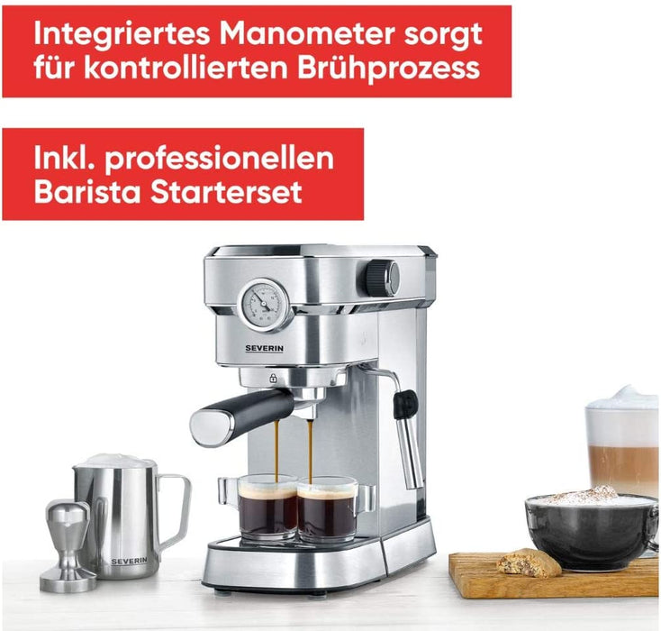 SEVERIN Espressomaschine "Espresa Plus", Siebträgermaschine mit 3 Einsätzen, Kaffeemaschine mit Milchschäumer und Manometer, inkl. Barista-Starterset