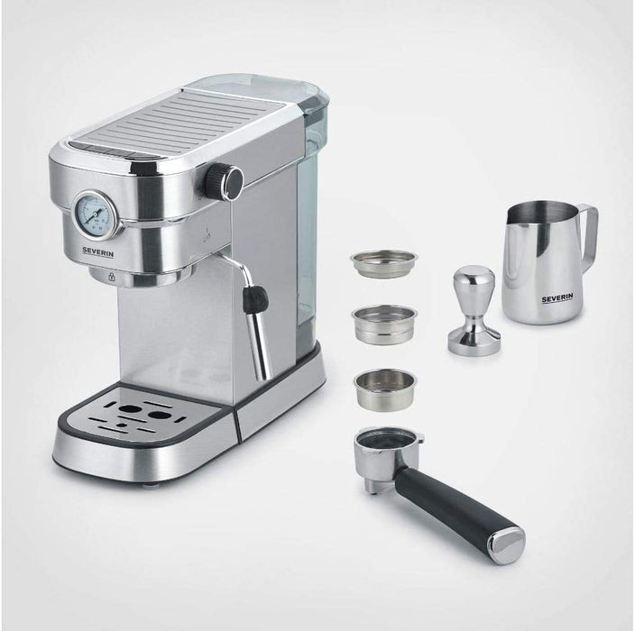 SEVERIN Espressomaschine "Espresa Plus", Siebträgermaschine mit 3 Einsätzen, Kaffeemaschine mit Milchschäumer und Manometer, inkl. Barista-Starterset