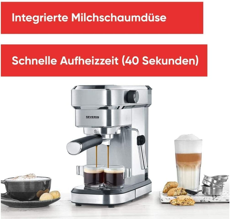 SEVERIN Espressomaschine "Espresa", Siebträgermaschine mit 3 Einsätzen, Kaffeemaschine mit Milchschäumer für Kaffee-Milch-Spezialitäten