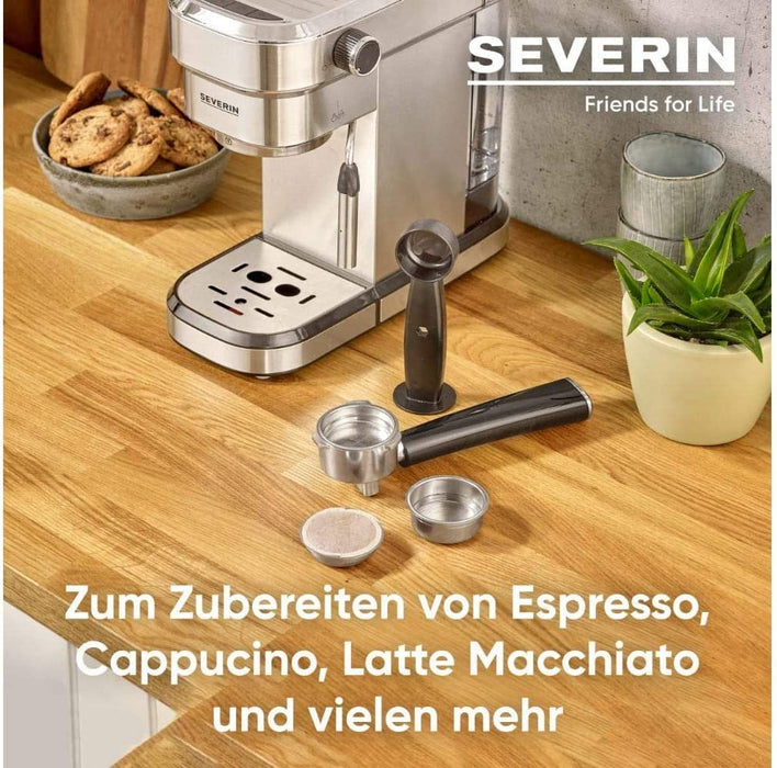 SEVERIN Espressomaschine "Espresa", Siebträgermaschine mit 3 Einsätzen, Kaffeemaschine mit Milchschäumer für Kaffee-Milch-Spezialitäten