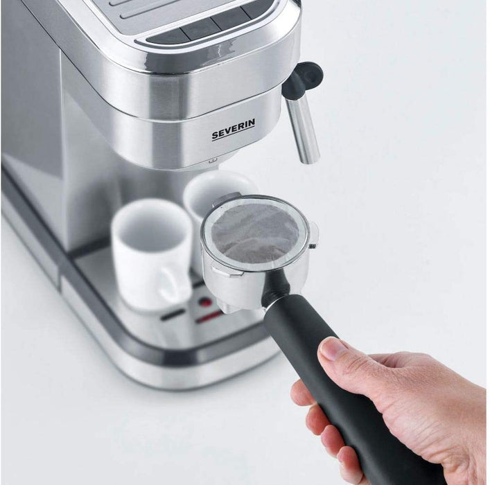 SEVERIN Espressomaschine "Espresa", Siebträgermaschine mit 3 Einsätzen, Kaffeemaschine mit Milchschäumer für Kaffee-Milch-Spezialitäten