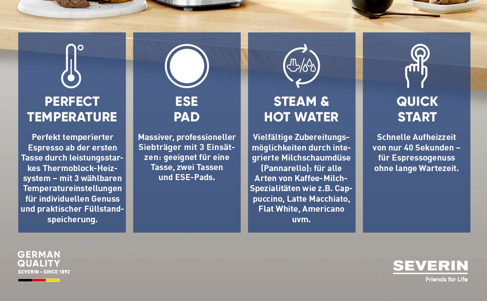 SEVERIN Espressomaschine "Espresa", Siebträgermaschine mit 3 Einsätzen, Kaffeemaschine mit Milchschäumer für Kaffee-Milch-Spezialitäten