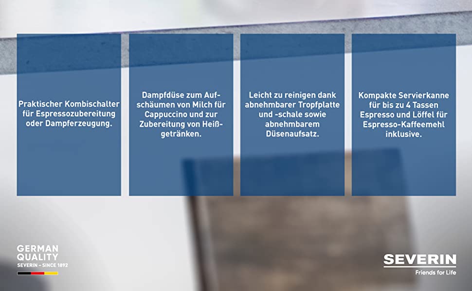 SEVERIN Espressomaschine, kleine Kaffeemaschine für bis zu 4 Tassen Espresso, Kaffeemaschine mit Milchschäumer für Kaffee-Milch-Spezialitäten