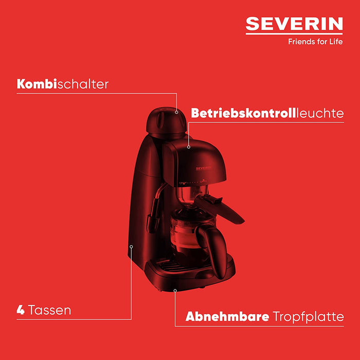 SEVERIN Espressomaschine, kleine Kaffeemaschine für bis zu 4 Tassen Espresso, Kaffeemaschine mit Milchschäumer für Kaffee-Milch-Spezialitäten