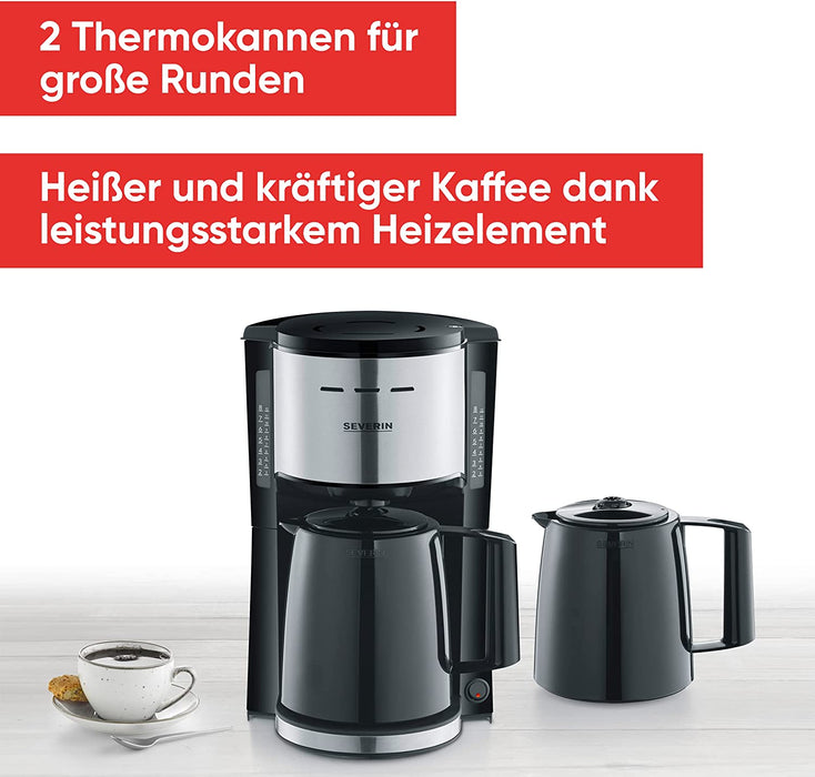 SEVERIN Filterkaffeemaschine mit 2 Thermokannen, Kaffeemaschine für bis zu 8 Tassen je Kanne, Filtermaschine mit 2 Isolierkannen