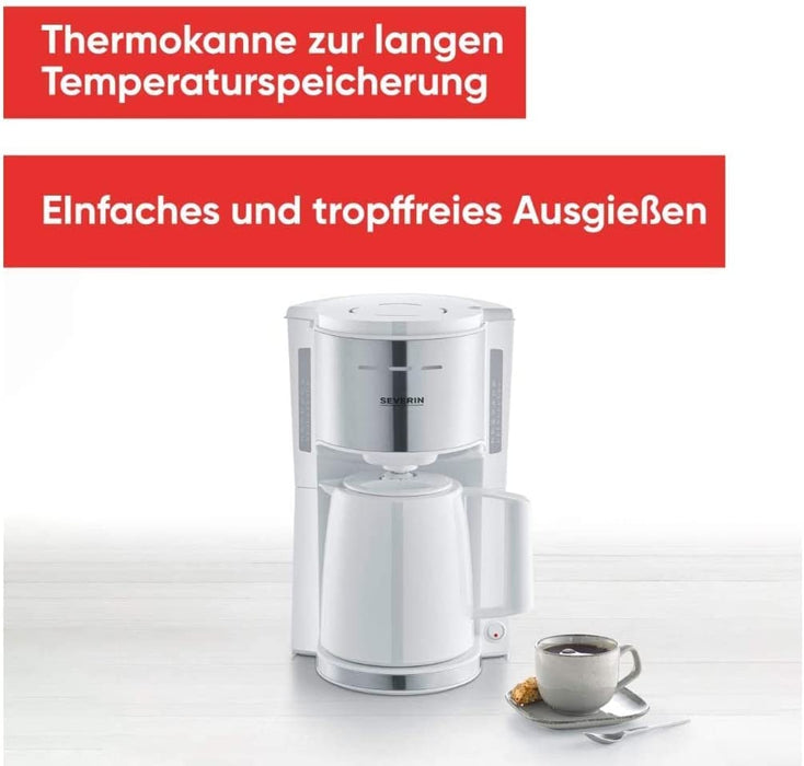 SEVERIN Filterkaffeemaschine mit Thermokanne, Kaffeemaschine für bis zu 8 Tassen, ansprechende Filtermaschine mit Isolierkanne, weiß/Edelstahl 