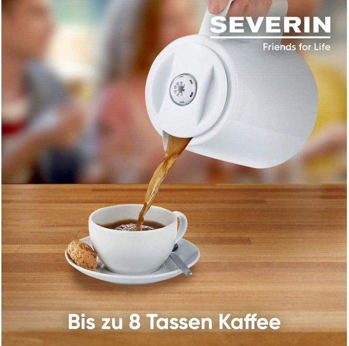 SEVERIN Filterkaffeemaschine mit Thermokanne, Kaffeemaschine für bis zu 8 Tassen, ansprechende Filtermaschine mit Isolierkanne, weiß/Edelstahl 