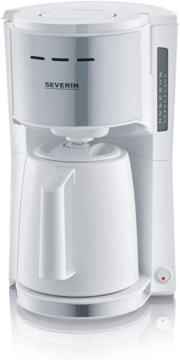 SEVERIN Filterkaffeemaschine mit Thermokanne, Kaffeemaschine für bis zu 8 Tassen, ansprechende Filtermaschine mit Isolierkanne, weiß/Edelstahl 