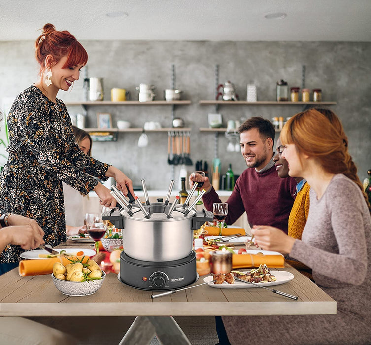SEVERIN Fondue, spülmaschinengeeignetes Fondueset mit 8 farblich markierten Gabeln, elektrisches Fondue aus Edelstahl