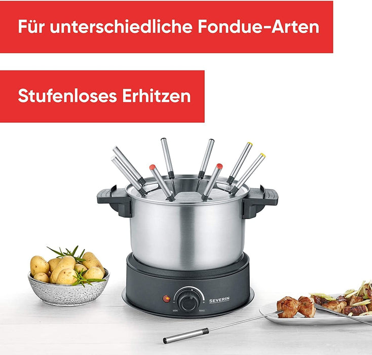 SEVERIN Fondue, spülmaschinengeeignetes Fondueset mit 8 farblich markierten Gabeln, elektrisches Fondue aus Edelstahl