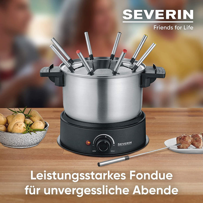 SEVERIN Fondue, spülmaschinengeeignetes Fondueset mit 8 farblich markierten Gabeln, elektrisches Fondue aus Edelstahl