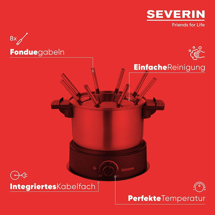 SEVERIN Fondue, spülmaschinengeeignetes Fondueset mit 8 farblich markierten Gabeln, elektrisches Fondue aus Edelstahl