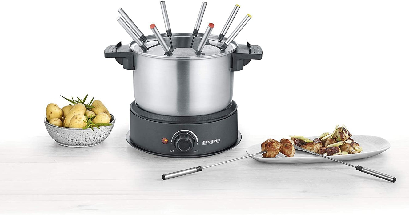 SEVERIN Fondue, spülmaschinengeeignetes Fondueset mit 8 farblich markierten Gabeln, elektrisches Fondue aus Edelstahl