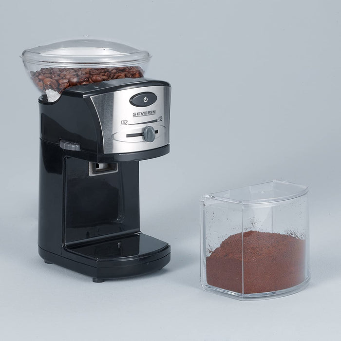 SEVERIN Mahlwerk-Kaffeemühle mit elektrischen Mahlwerk (100 W, Edelstahl-Scheibenmahlwerk, Max. Füllmenge 150 g) schwarz/Silber