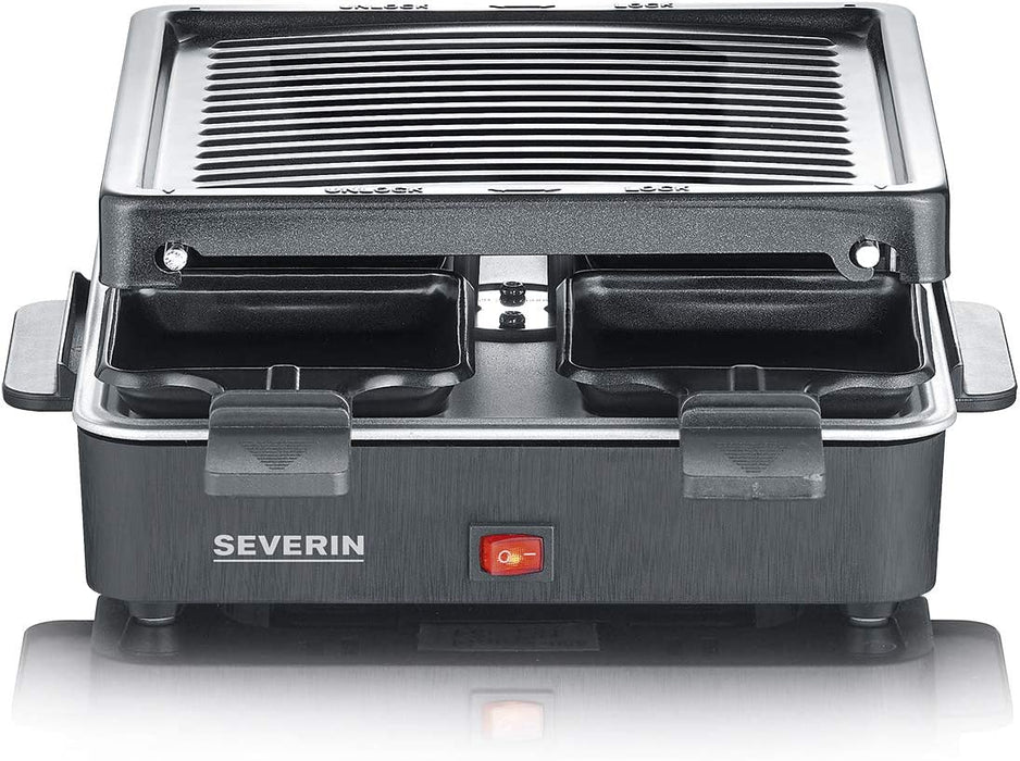 SEVERIN Mini Raclette-Grill, kleines Raclette mit antihaftbeschichteter Grillplatte und 4 Raclette Pfännchen, Tischgrill für bis zu 4 Personen