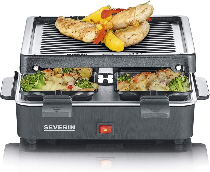SEVERIN Mini Raclette-Grill, kleines Raclette mit antihaftbeschichteter Grillplatte und 4 Raclette Pfännchen, Tischgrill für bis zu 4 Personen