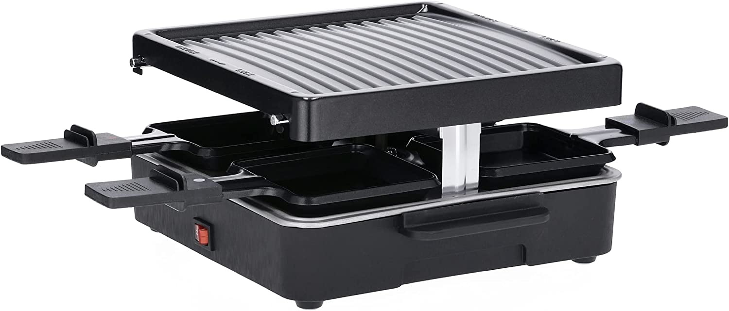 SEVERIN Mini Raclette-Grill, kleines Raclette mit antihaftbeschichteter Grillplatte und 4 Raclette Pfännchen, Tischgrill für bis zu 4 Personen