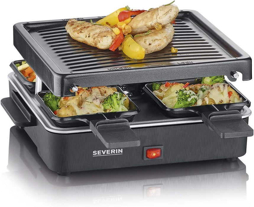 SEVERIN Mini Raclette-Grill, kleines Raclette mit antihaftbeschichteter Grillplatte und 4 Raclette Pfännchen, Tischgrill für bis zu 4 Personen