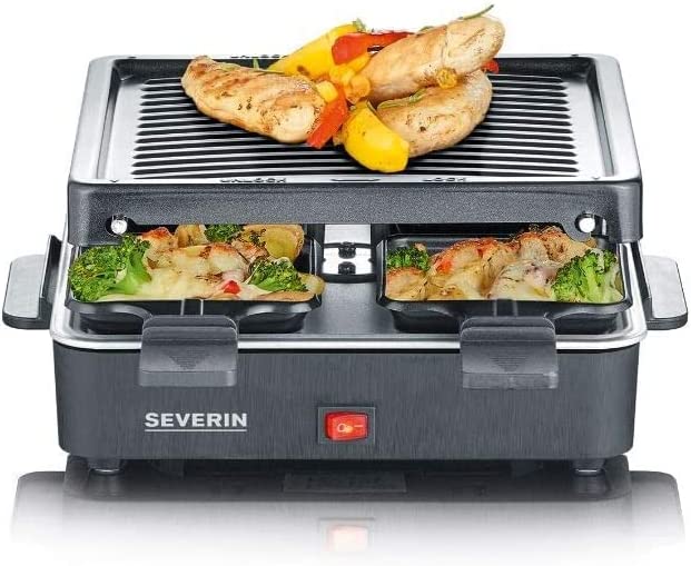SEVERIN Mini Raclette-Grill, kleines Raclette mit antihaftbeschichteter Grillplatte und 4 Raclette Pfännchen, Tischgrill für bis zu 4 Personen
