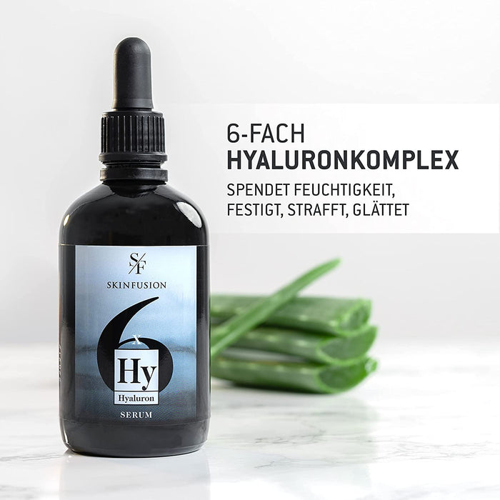  6-Fach Bio Hyaluron Serum hochdosiert 100 ml – veganer Multi-Hyaluronsäure-Komplex mit Booster-Wirkstoffen wie Bio-Glucomannan, Aloe