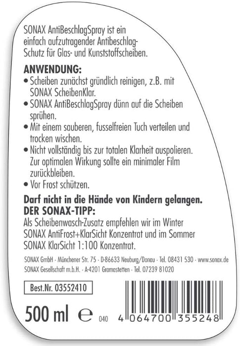 SONAX Anti Beschlag Spray (500 ml) Antibeschlag-Schutz für alle Glasscheiben und Kunststoffscheiben sorgt für eine rundum klare Sicht 