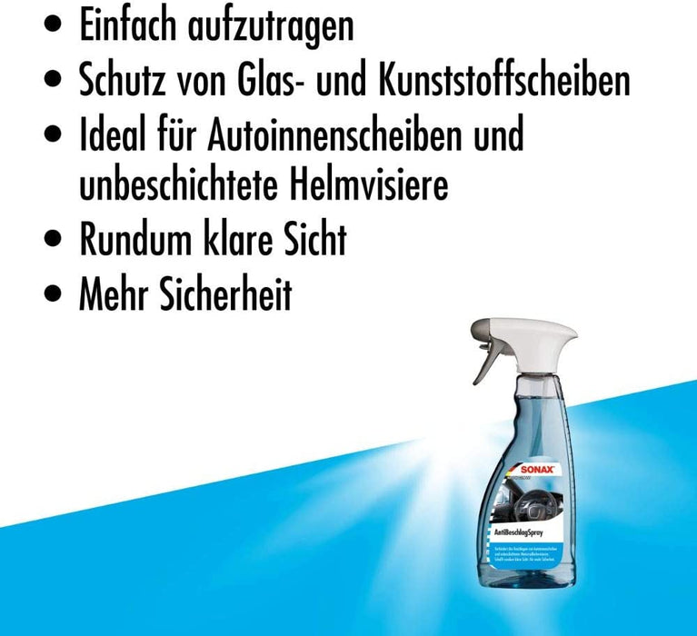 SONAX Anti Beschlag Spray (500 ml) Antibeschlag-Schutz für alle Glasscheiben und Kunststoffscheiben sorgt für eine rundum klare Sicht 