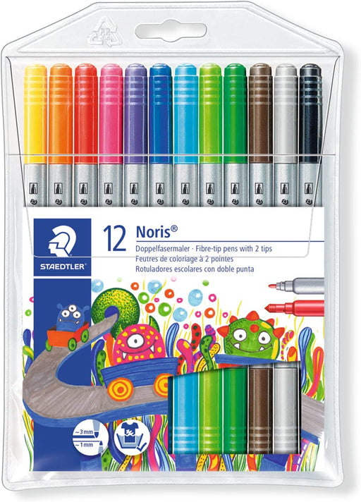 STAEDTLER Doppelfasermaler Noris Club, stabile, eindrucksichere Spitze, auswaschbar, Strichbreite 1-3 mm, Etui mit 12 farblich sortierten Doppelfasermalern