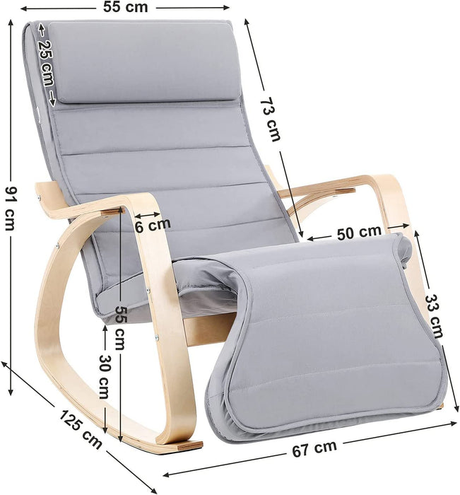 Schaukelstuhl, Relaxstuhl, 5-fach verstellbare Fußstütze, bis 150 kg belastbar, 67 x 125 x 91 cm, hellgrau