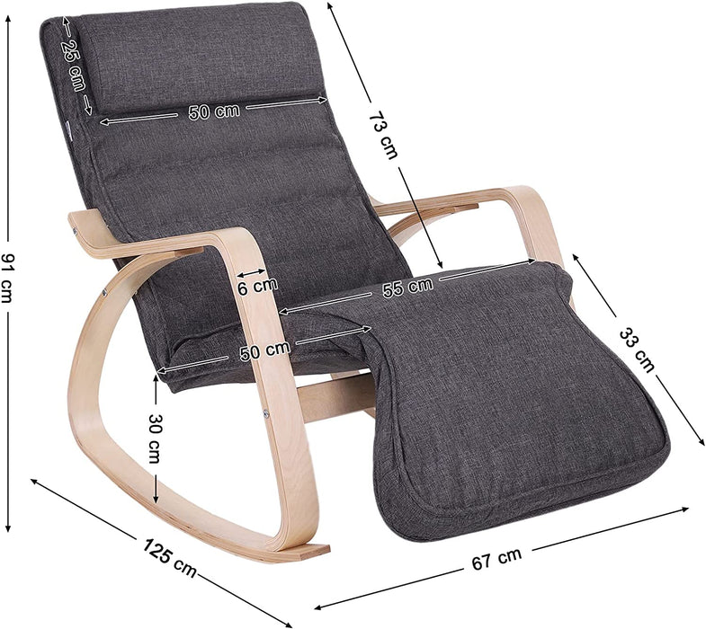 Schaukelstuhl, Schwingsessel mit 5-Fach Verstellbarer Fußstütze, Relaxstuhl, Belastbarkeit 150 kg, Gestell aus Birkenholz, Bezug aus Leinenimitat