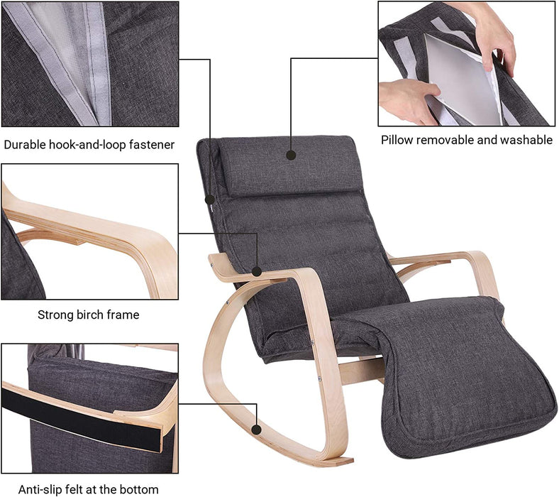 Schaukelstuhl, Schwingsessel mit 5-Fach Verstellbarer Fußstütze, Relaxstuhl, Belastbarkeit 150 kg, Gestell aus Birkenholz, Bezug aus Leinenimitat