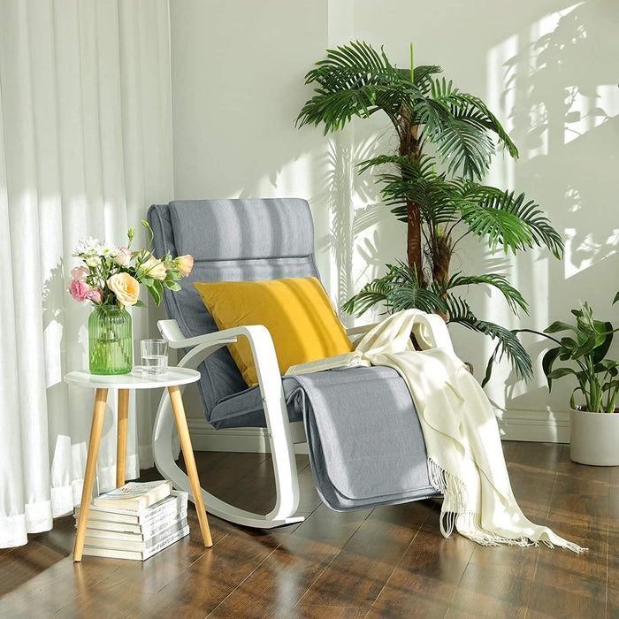 Schaukelstuhl aus Birkenholz, Relaxstuhl, Fußstütze 5-stufig verstellbar, Bezug aus Leinenimitat, bis 150 kg belastbar, Wohnzimmer und Schlafzimmer