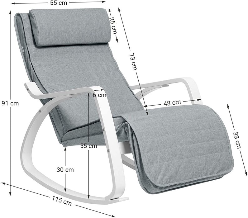 Schaukelstuhl aus Birkenholz, Relaxstuhl, Fußstütze 5-stufig verstellbar, Bezug aus Leinenimitat, bis 150 kg belastbar, Wohnzimmer und Schlafzimmer