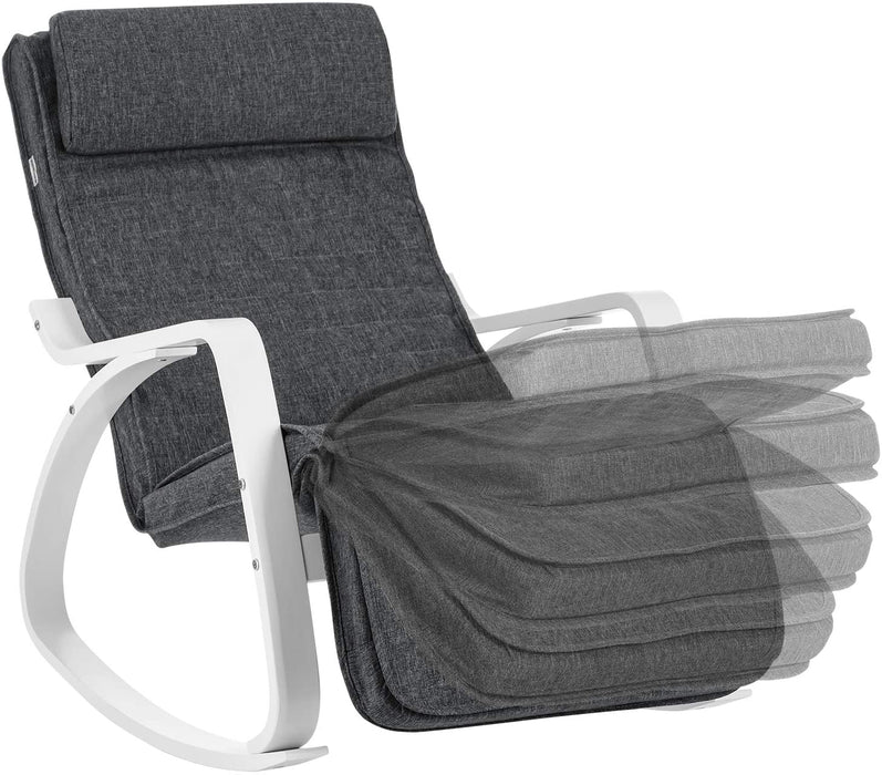 Schaukelstuhl aus Birkenholz, Relaxstuhl, Fußstütze 5-stufig verstellbar, Bezug aus Leinenimitat, bis 150 kg belastbar, Wohnzimmer und Schlafzimmer