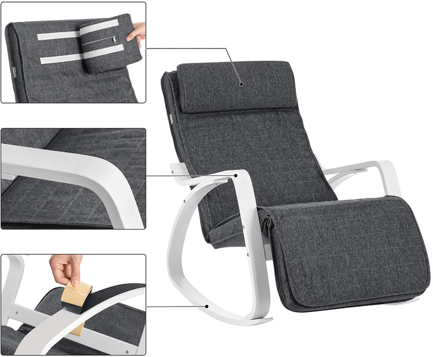 Schaukelstuhl aus Birkenholz, Relaxstuhl, Fußstütze 5-stufig verstellbar, Bezug aus Leinenimitat, bis 150 kg belastbar, Wohnzimmer und Schlafzimmer