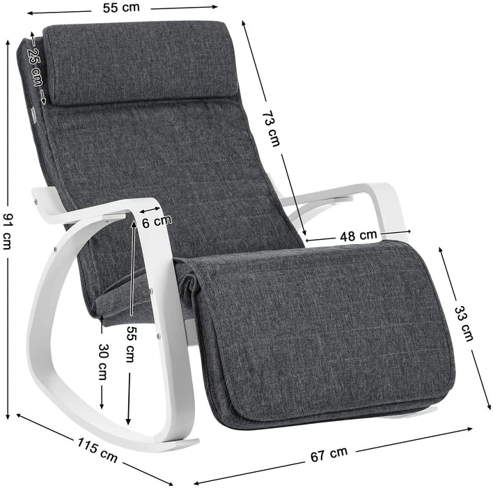 Schaukelstuhl aus Birkenholz, Relaxstuhl, Fußstütze 5-stufig verstellbar, Bezug aus Leinenimitat, bis 150 kg belastbar, Wohnzimmer und Schlafzimmer