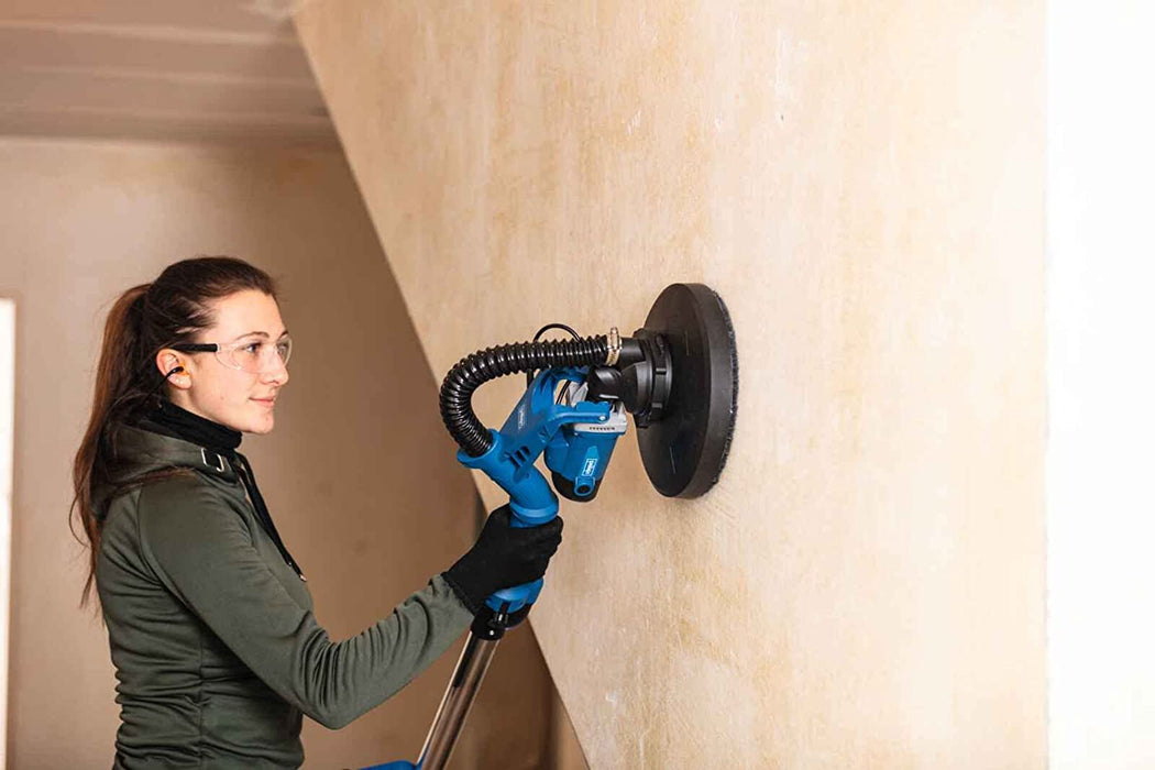 Scheppach Wand - Deckenschleifer (Langhals Trockenbauschleifer mit 710 W, Ø 215 mm, teleskopierbar, neigbar) - inkl. Schleifscheiben, Absaugadapter