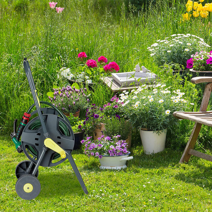 Schlauchwagen 45m, fahrbare Schlauchtrommel für Garten & Balkon, mit Schlauchführung, 76,5x44x41 cm, grau-gelb